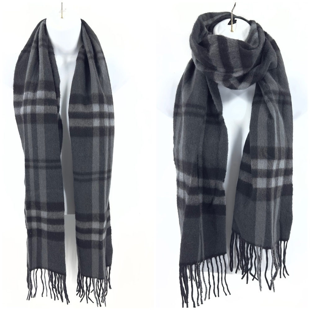 Enya Mantanani Cashmere Wool Scarf Gray Black Plaid Fringe Unisex Adult